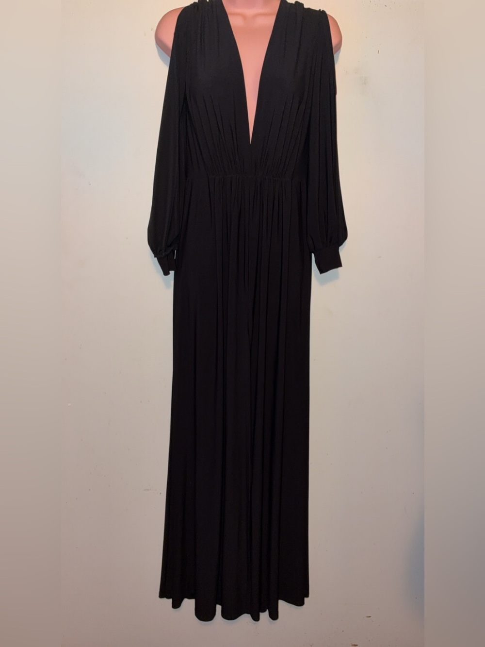 Black Maxi Dress with Deep V-Neck and Long Bishop Sleeves